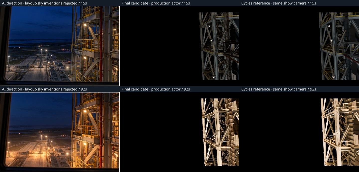 AI concept, baked tower and ray-traced render side by side at T-1:15 and T+0:02