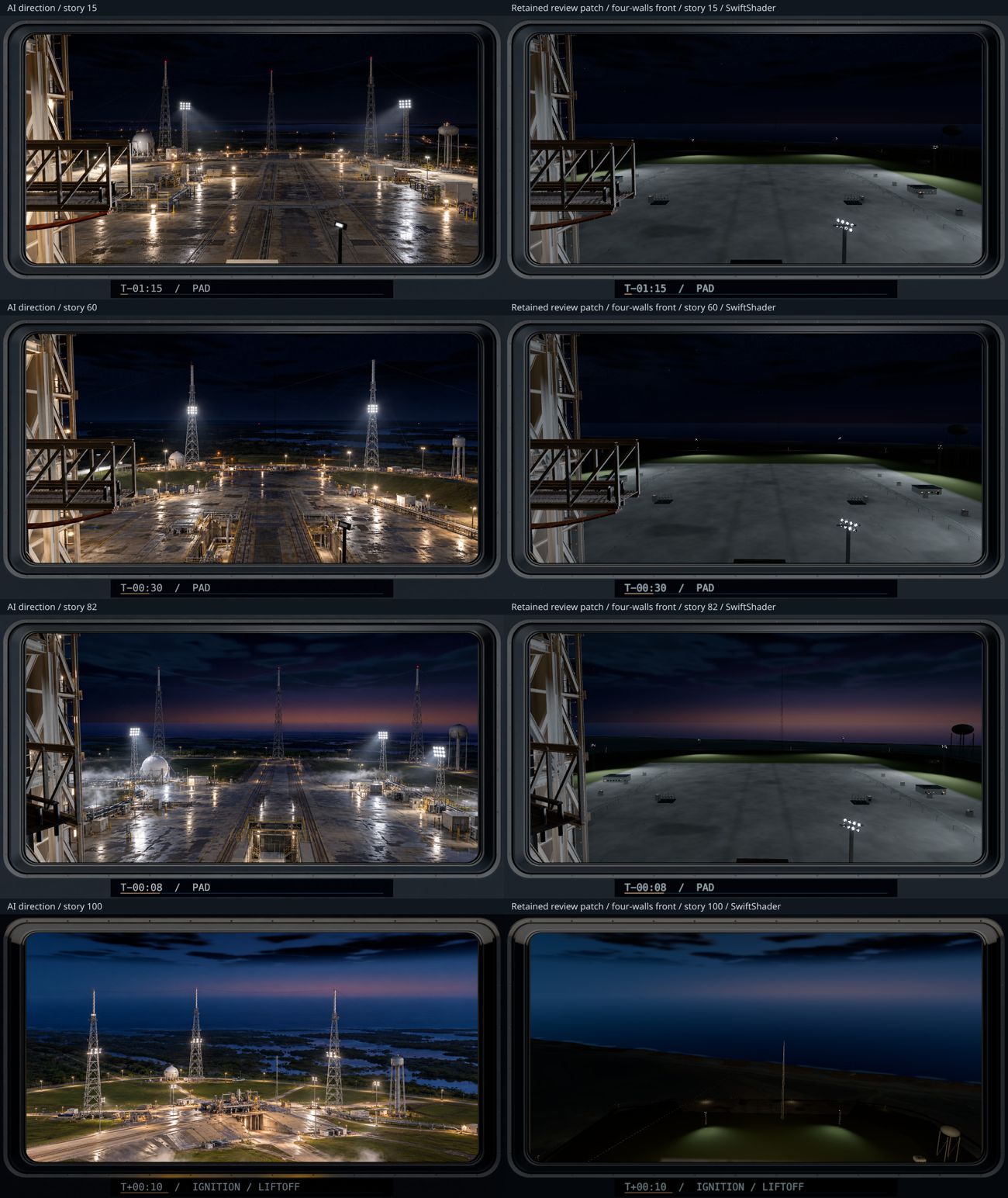Four rows: AI target vs current pad at T-1:15, T-0:30, T-0:08 and T+0:10