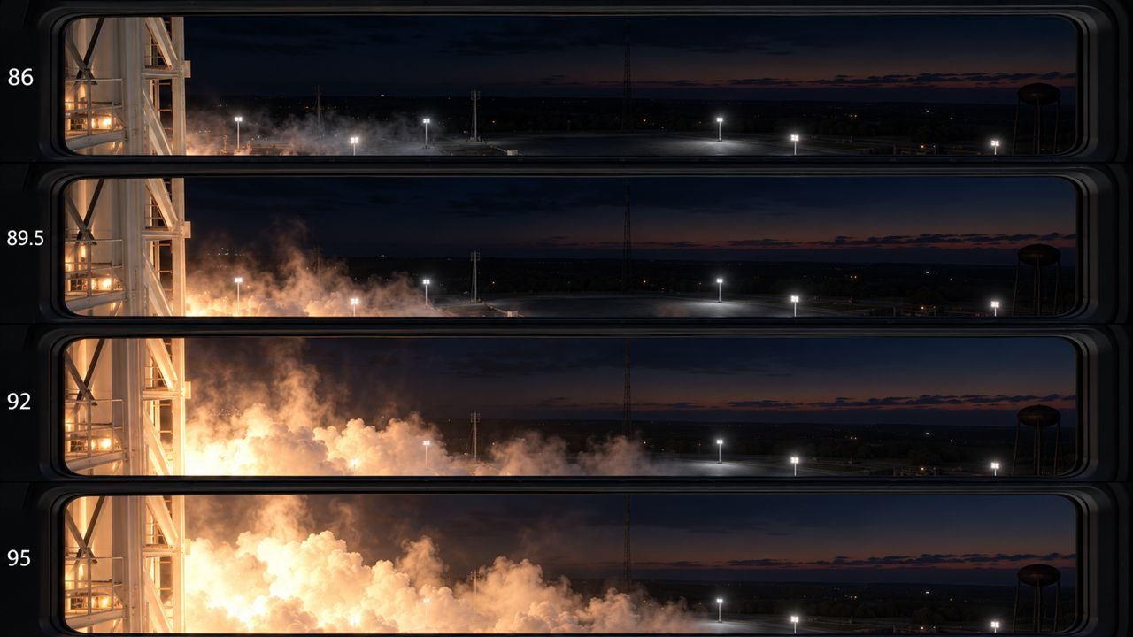 AI concept: front window at T-4 s, T-0, T+2 s, T+5 s, tower glowing, gold steam