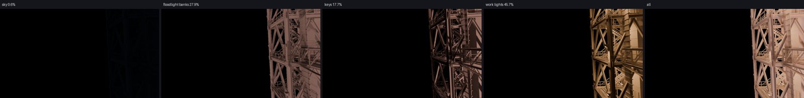 The tower on flat grey material, lit by each light group alone: sky, floodlight banks, keys, work lights, and all together