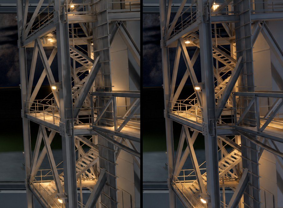 Two AI lighting options of the tower: A tight cool pools, B warmer amber pools